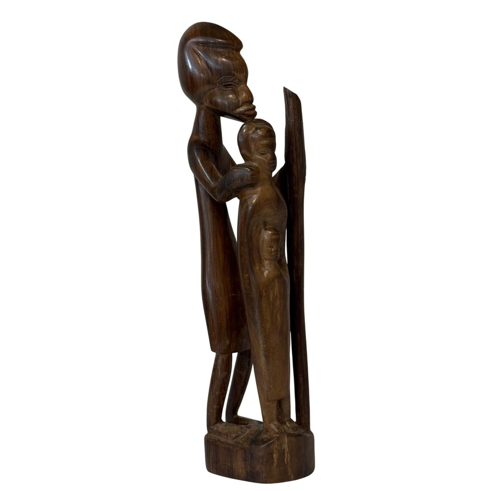 Hand Carved Wooden African Folk Art Mother Child Figurine Sculpture, 19.5" Tall